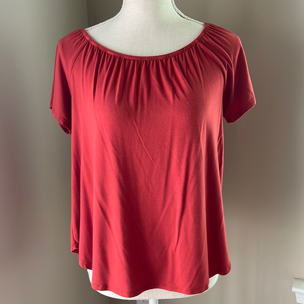 Lime N Chili Brick Red Short Sleeve Stretchy Neck Short Sleeve Top Size M
